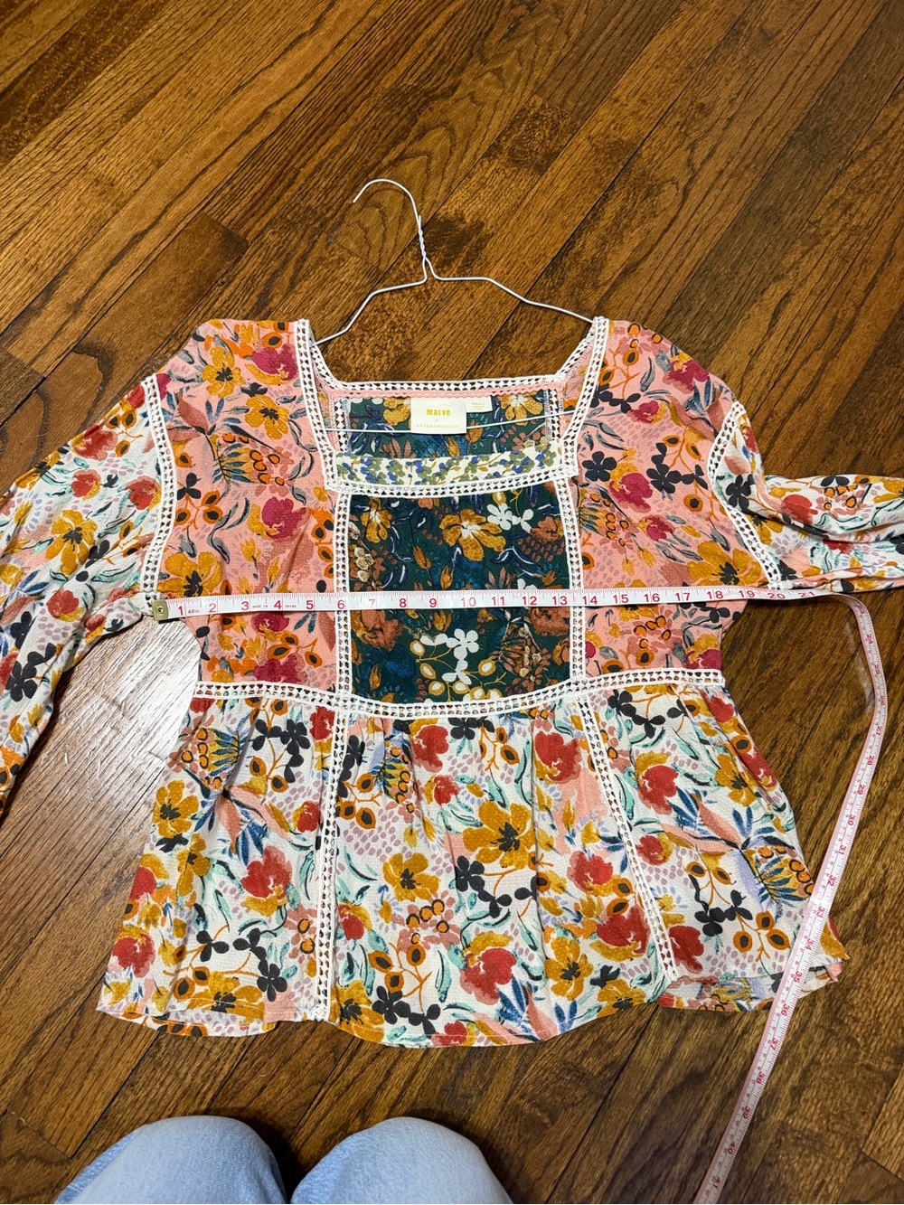 Anthropologie Maeve Floral Patchwork Peasant Blouse in Pink, Green, Yellow - Picture 9 of 13